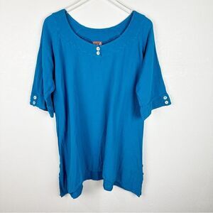 Oh My Gauze Circle Blouse Tunic Top Lagenlook Artsy Top Short Sleeve Teal Size 1